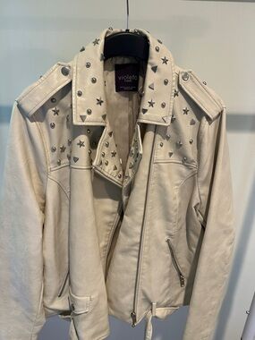 GORGEOUS Mango Cream Studded Leather Jacket XL USA , XXL Eu